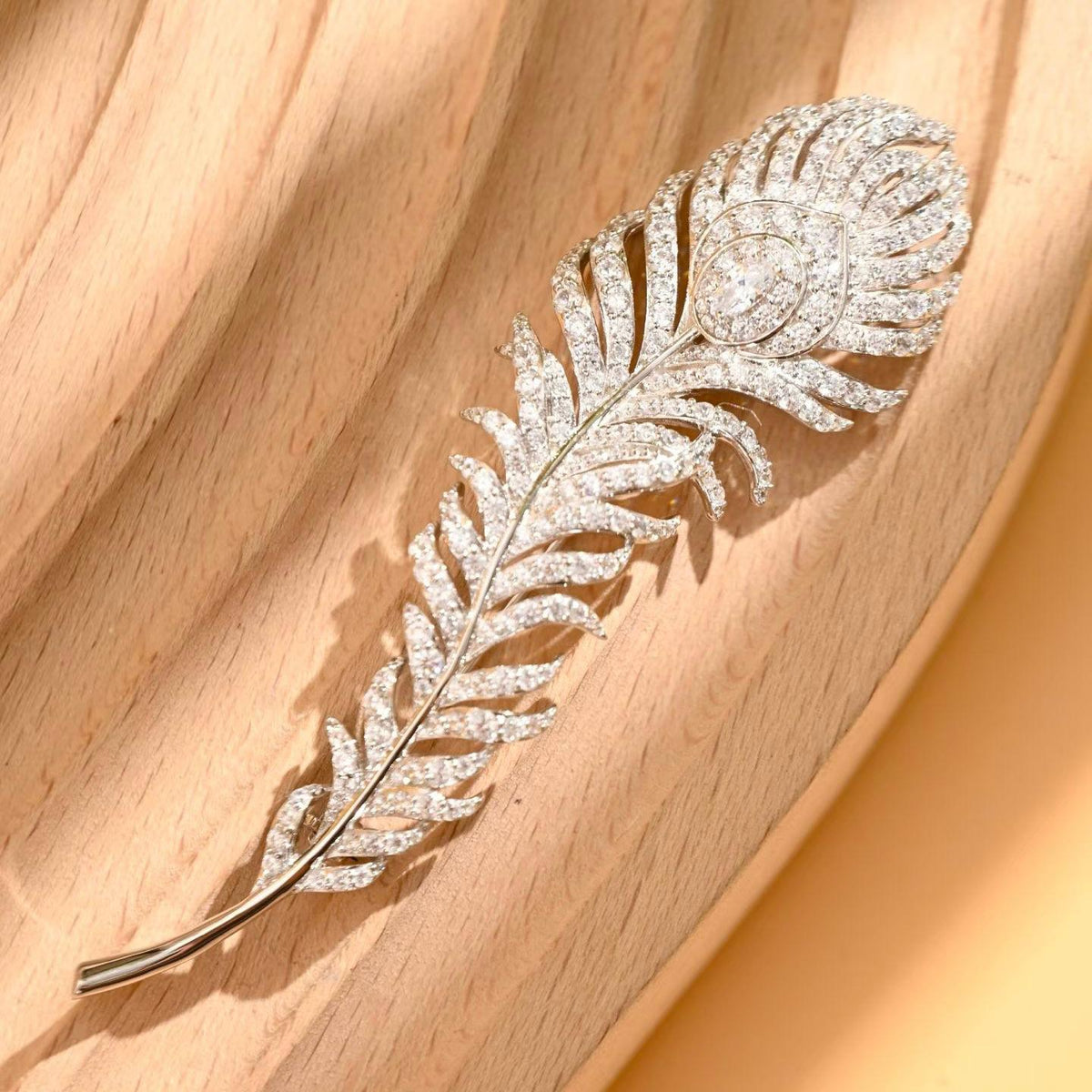 Morado Platinum Plated Sterling Silver Pavé Cubic Zirconia Feather Brooch, Statement Pin Jewelry