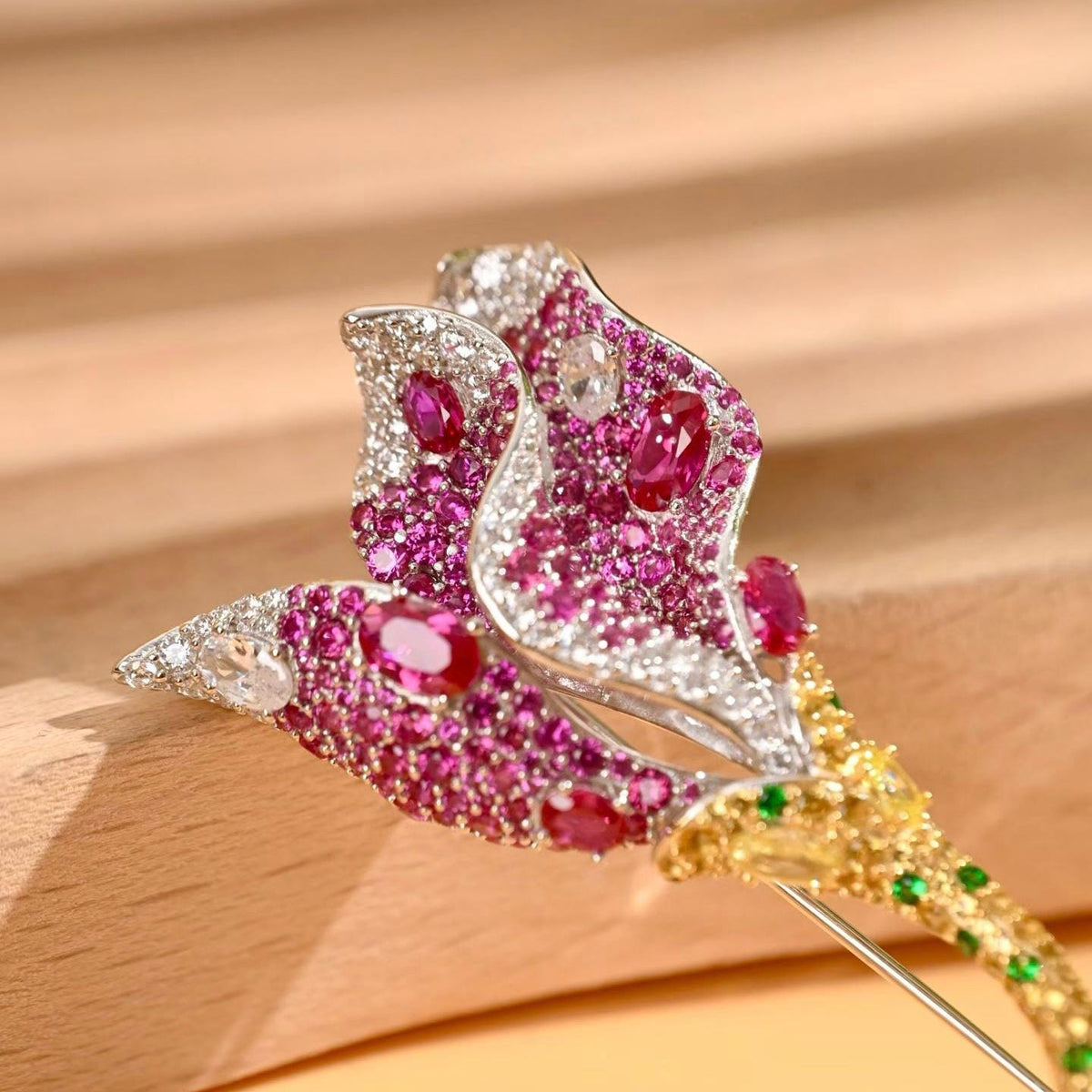 Morado Pink Zirconia Floral Brooch, Platinum Plated 925 Sterling Silver Luxury Statement Pin