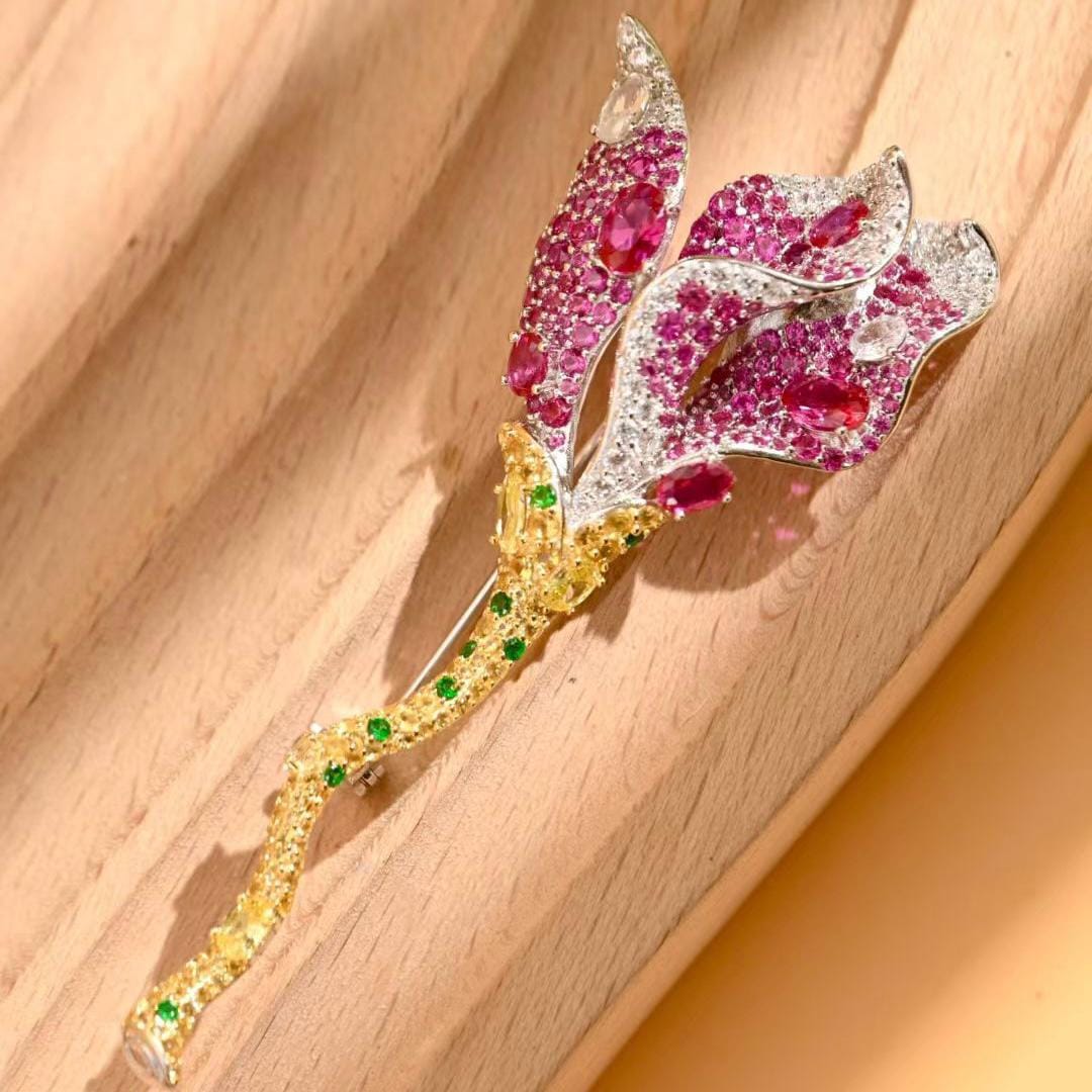 Morado Pink Zirconia Floral Brooch, Platinum Plated 925 Sterling Silver Luxury Statement Pin