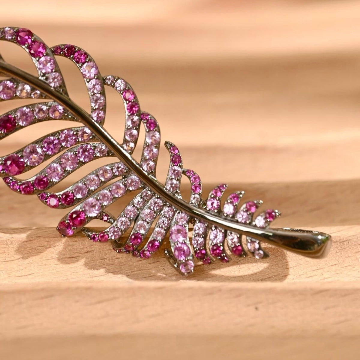 Morado Gradient Pink Zirconia Feather Brooch, Platinum Plated 925 Sterling Silver Luxury Statement Pin