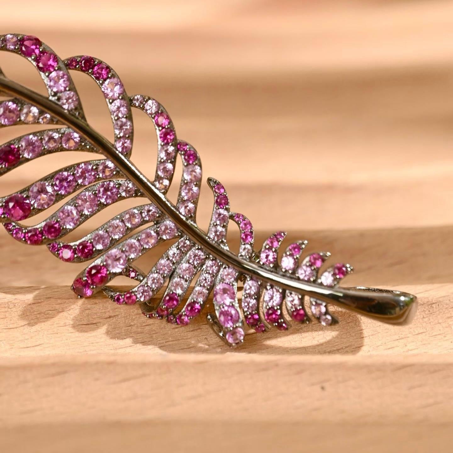 Morado Gradient Pink Zirconia Feather Brooch, Platinum Plated 925 Sterling Silver Luxury Statement Pin