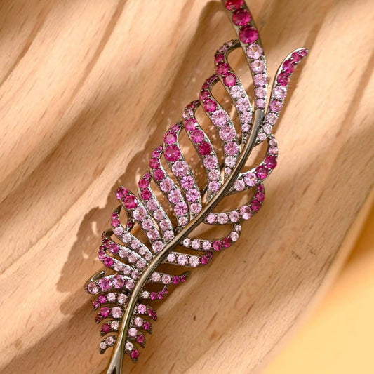 Morado Gradient Pink Zirconia Feather Brooch, Platinum Plated 925 Sterling Silver Luxury Statement Pin