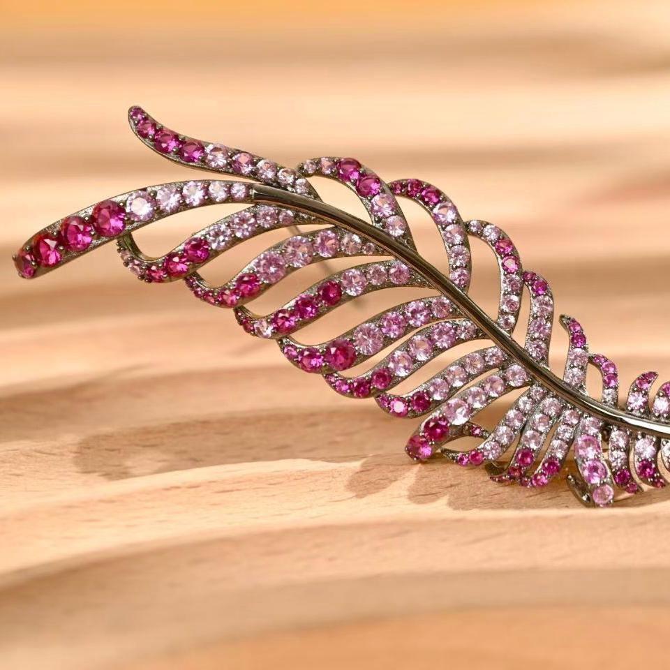 Morado Gradient Pink Zirconia Feather Brooch, Platinum Plated 925 Sterling Silver Luxury Statement Pin
