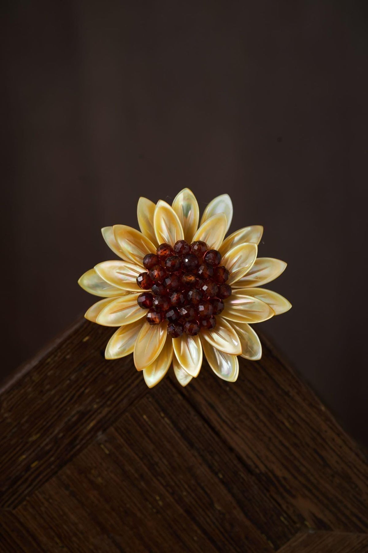 Morado Sunflower Brooch, Mother of Pearl & Garnet Flower Pin, Gold Plated Copper Floral Brooch