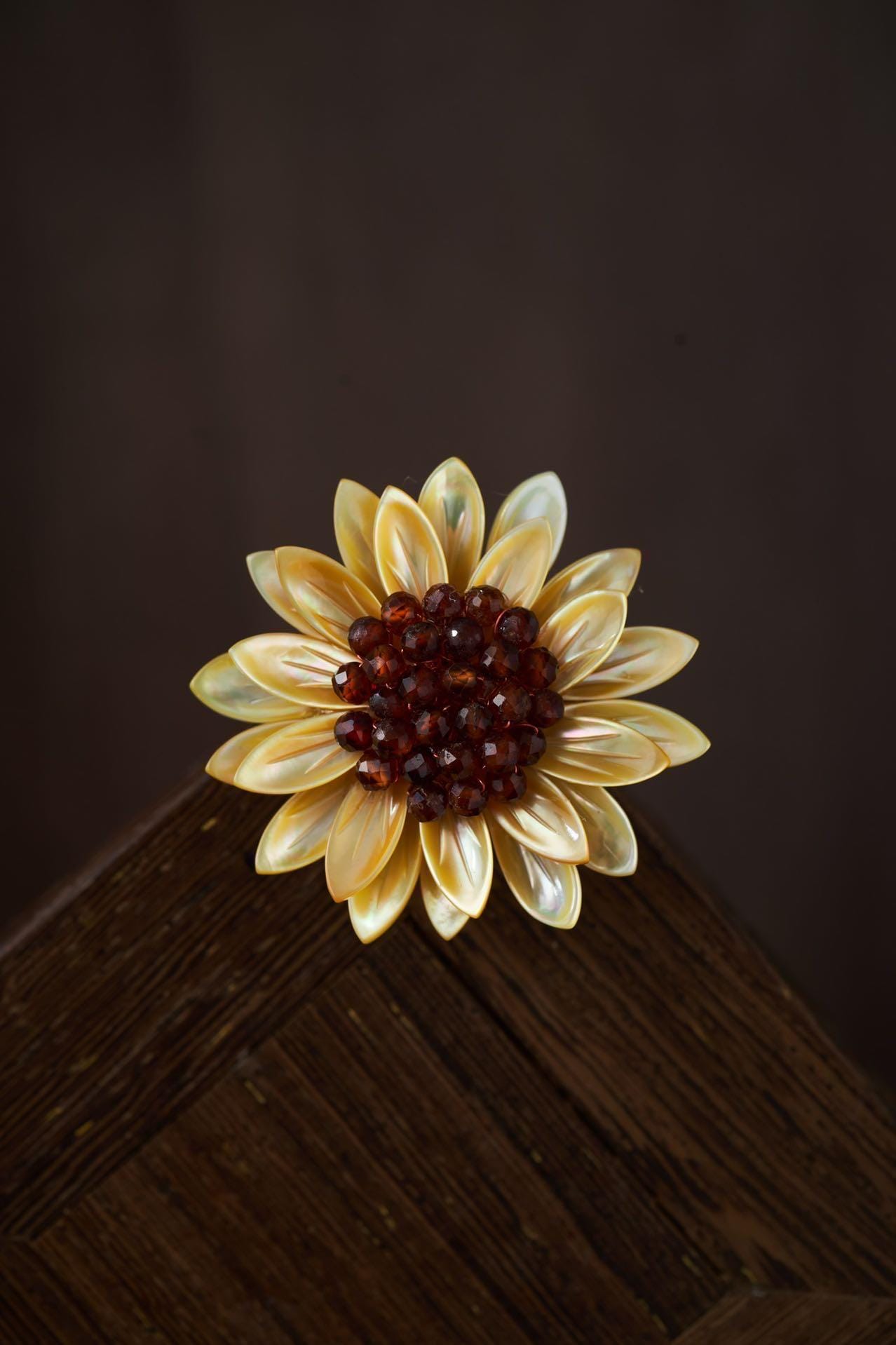 Morado Sunflower Brooch, Mother of Pearl & Garnet Flower Pin, Gold Plated Copper Floral Brooch