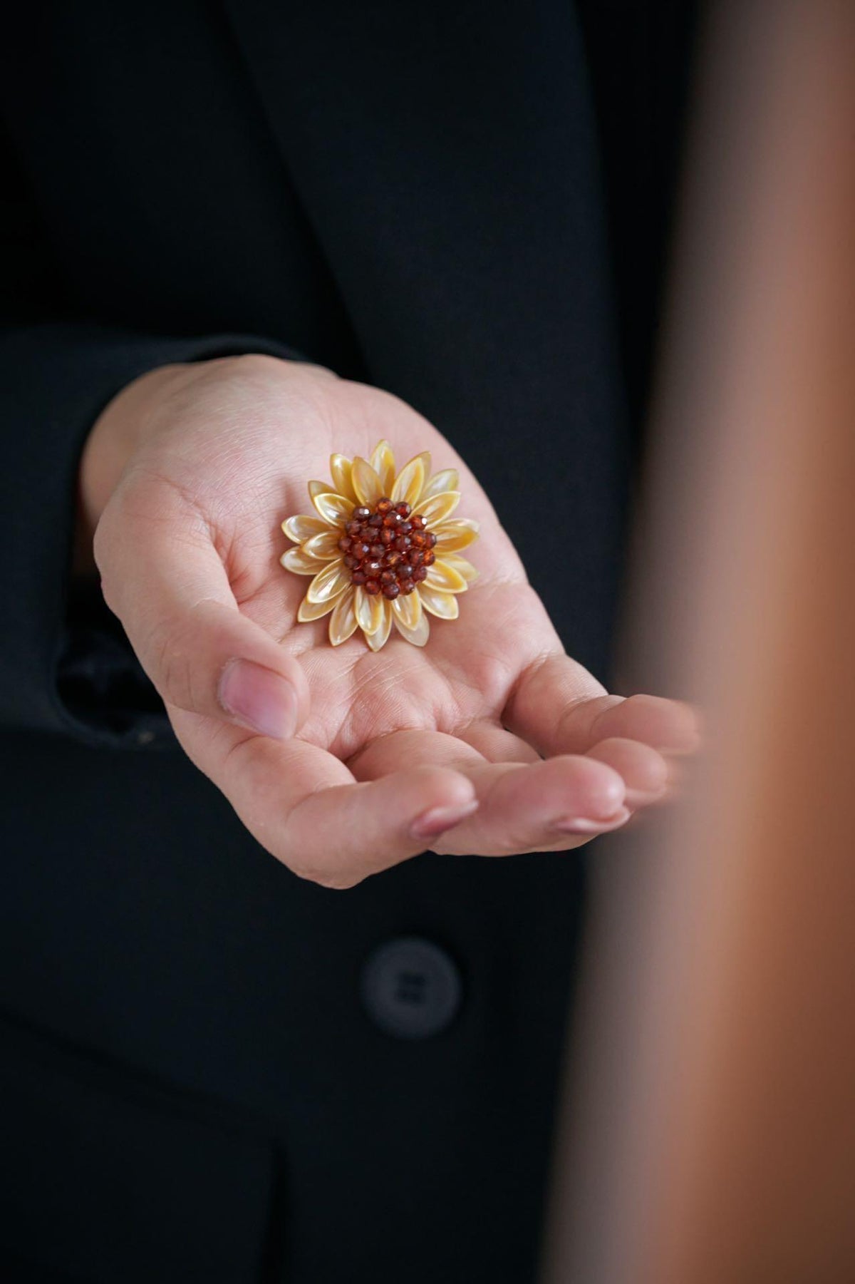 Morado Sunflower Brooch, Mother of Pearl & Garnet Flower Pin, Gold Plated Copper Floral Brooch