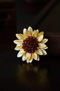 Morado Sunflower Brooch, Mother of Pearl & Garnet Flower Pin, Gold Plated Copper Floral Brooch
