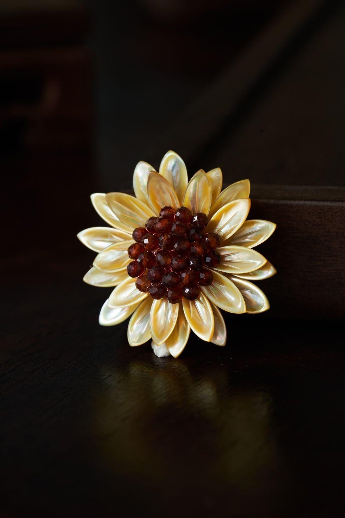 Morado Sunflower Brooch, Mother of Pearl & Garnet Flower Pin, Gold Plated Copper Floral Brooch