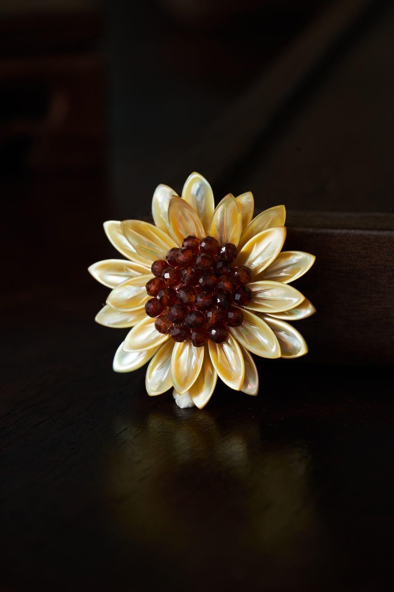 Morado Sunflower Brooch, Mother of Pearl & Garnet Flower Pin, Gold Plated Copper Floral Brooch