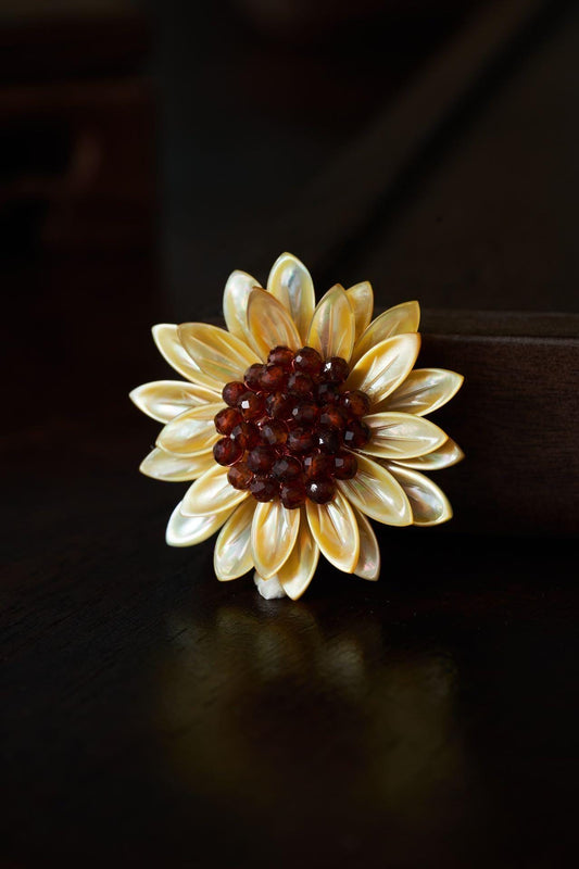 Morado Sunflower Brooch, Mother of Pearl & Garnet Flower Pin, Gold Plated Copper Floral Brooch