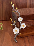 Morado Plum Blossom Branch Brooch, Black Gold Plated Copper with Mother of Pearl Flowers