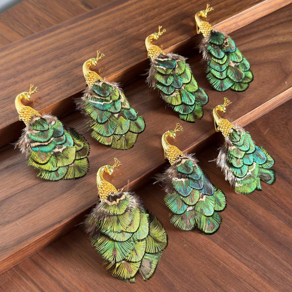 Morado Gold Plated Copper Peacock Brooch, Real Feather Statement Pin, Artistic Bird Jewelry
