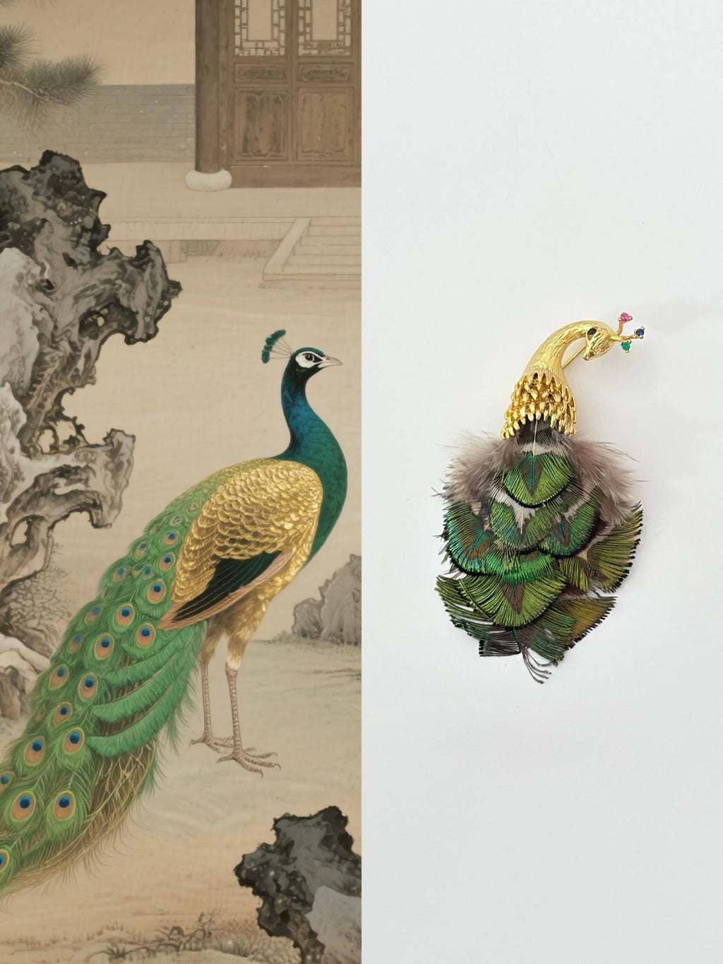 Morado Gold Plated Copper Peacock Brooch, Real Feather Statement Pin, Artistic Bird Jewelry