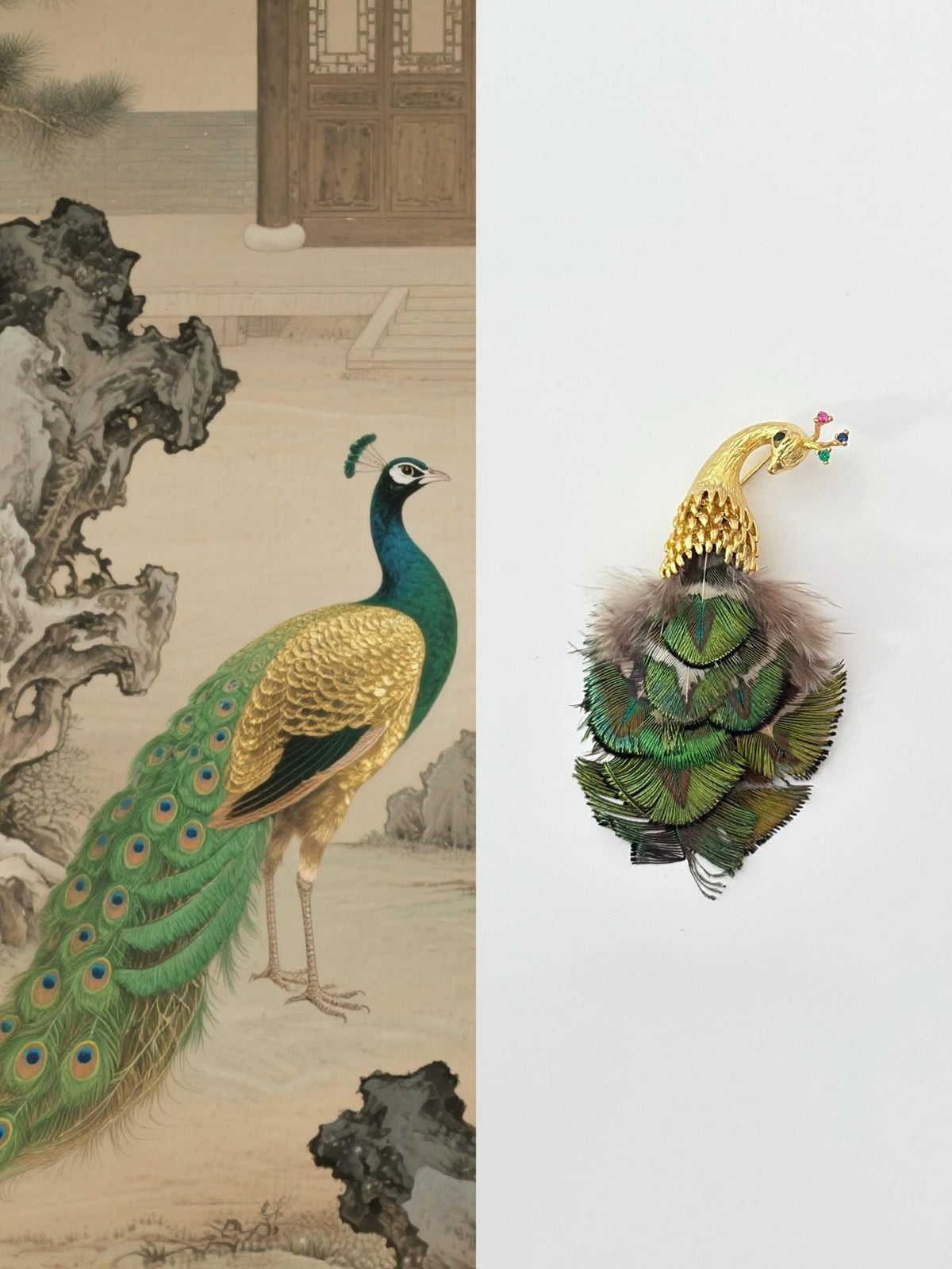 Morado Gold Plated Copper Peacock Brooch, Real Feather Statement Pin, Artistic Bird Jewelry