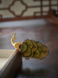 Morado Gold Plated Copper Peacock Brooch, Real Feather Statement Pin, Artistic Bird Jewelry