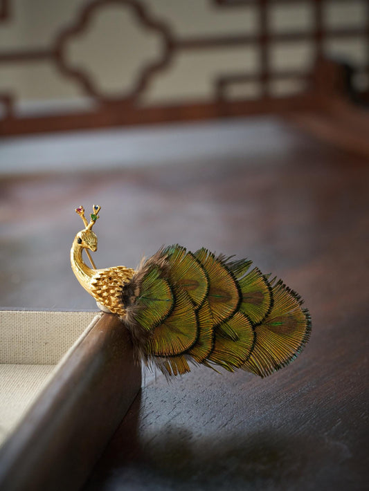 Morado Gold Plated Copper Peacock Brooch, Real Feather Statement Pin, Artistic Bird Jewelry