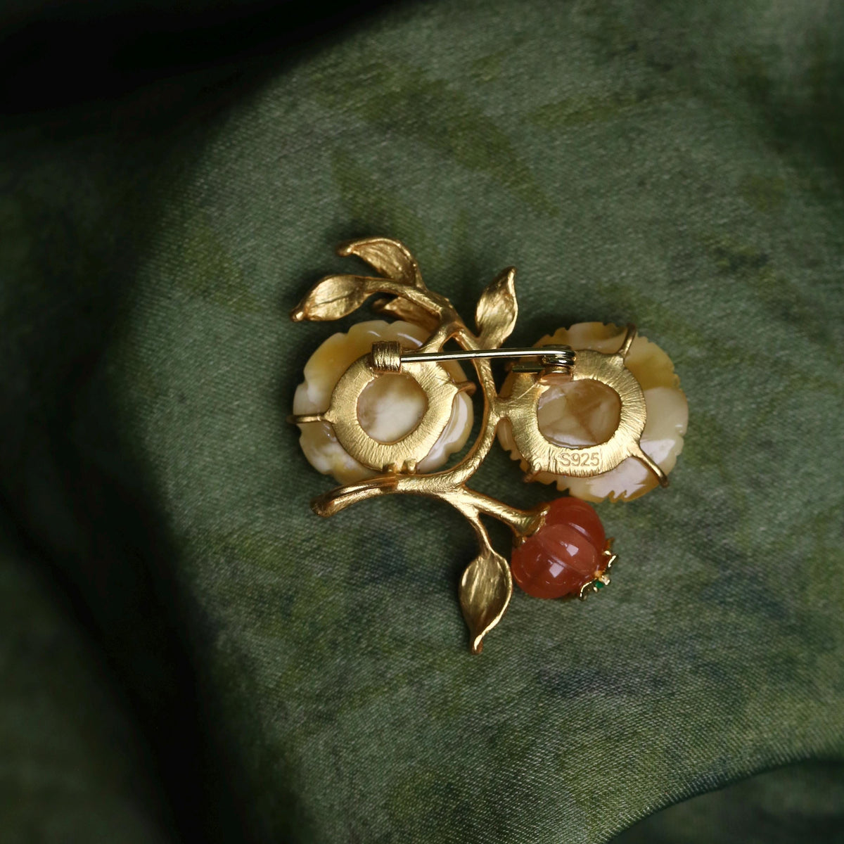 Morado Hand Carved Amber Flower Brooch, Gold Plated Silver Botanical Art pin, Multi-wear design
