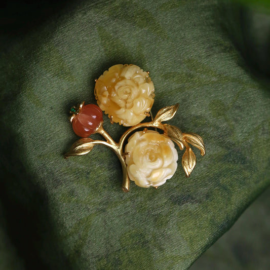 Morado Hand Carved Amber Flower Brooch, Gold Plated Silver Botanical Art pin, Multi-wear design
