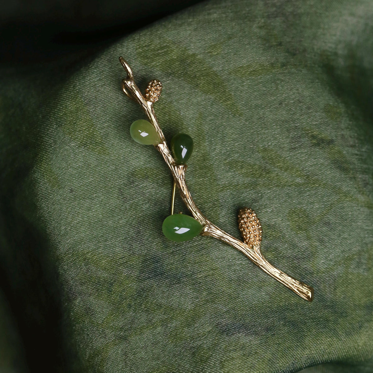 Morado Hand-Carved Green Jade Brooch, Gold-Plated Sterling Silver Branch Pin, Multi-wear design