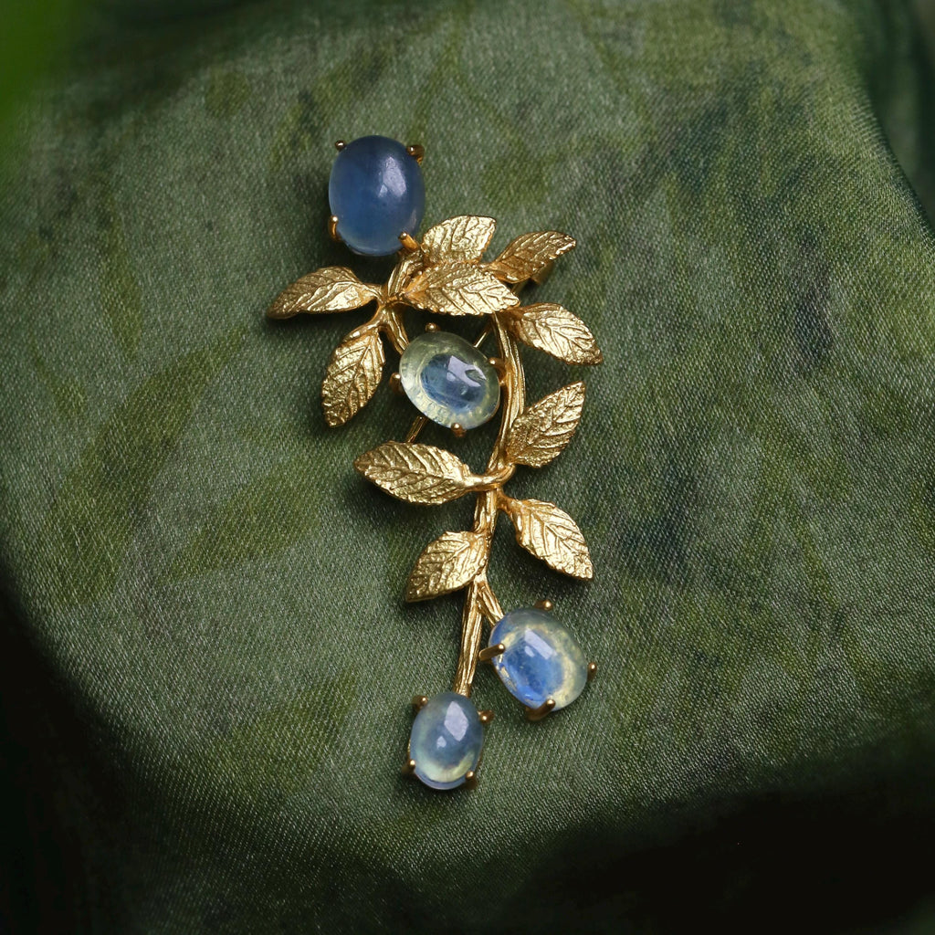 Morado Aquamarine Gold-Plated Botanical Silver Pin, Handmade Natural Gemstone Multi-wear pin