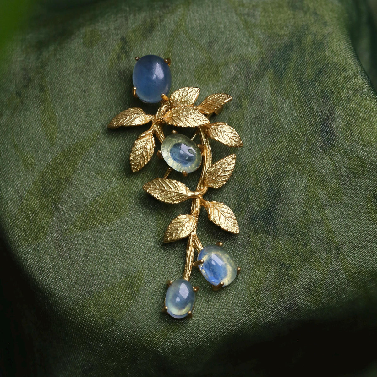 Morado Aquamarine Gold-Plated Botanical Silver Pin, Handmade Natural Gemstone Multi-wear pin