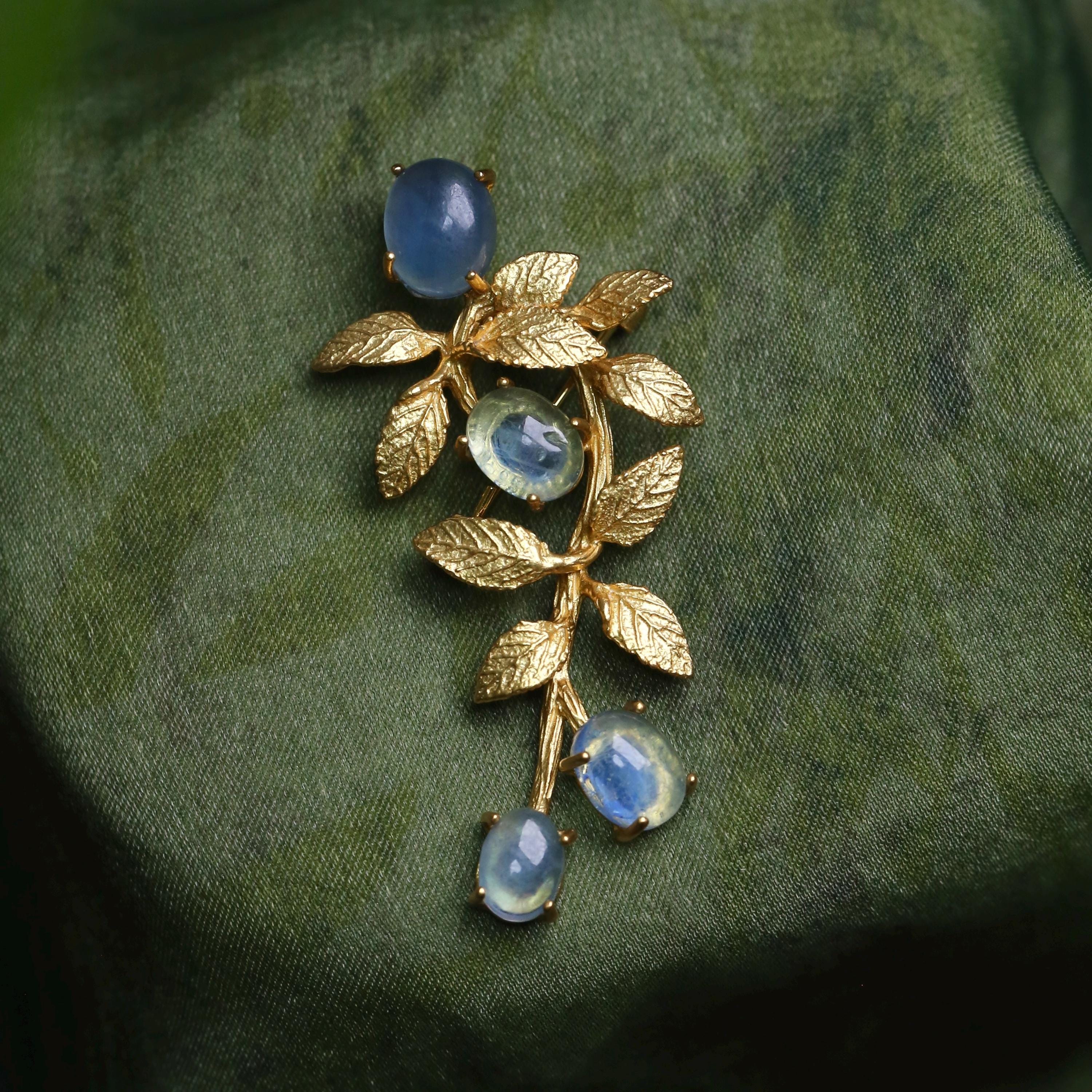 Morado Aquamarine Gold-Plated Botanical Silver Pin, Handmade Natural Gemstone Multi-wear pin