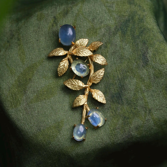 Morado Aquamarine Gold-Plated Botanical Silver Pin, Handmade Natural Gemstone Multi-wear pin