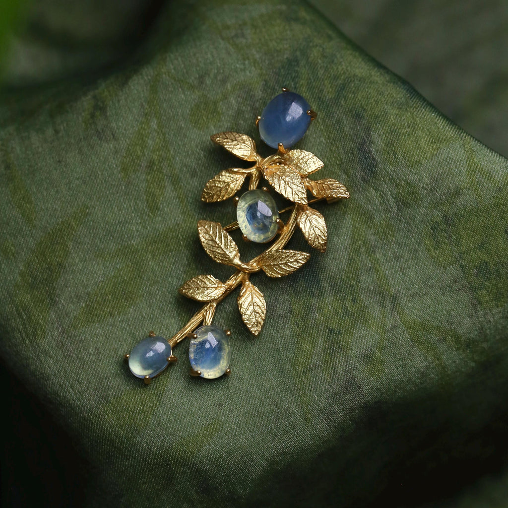 Morado Aquamarine Gold-Plated Botanical Silver Pin, Handmade Natural Gemstone Multi-wear pin
