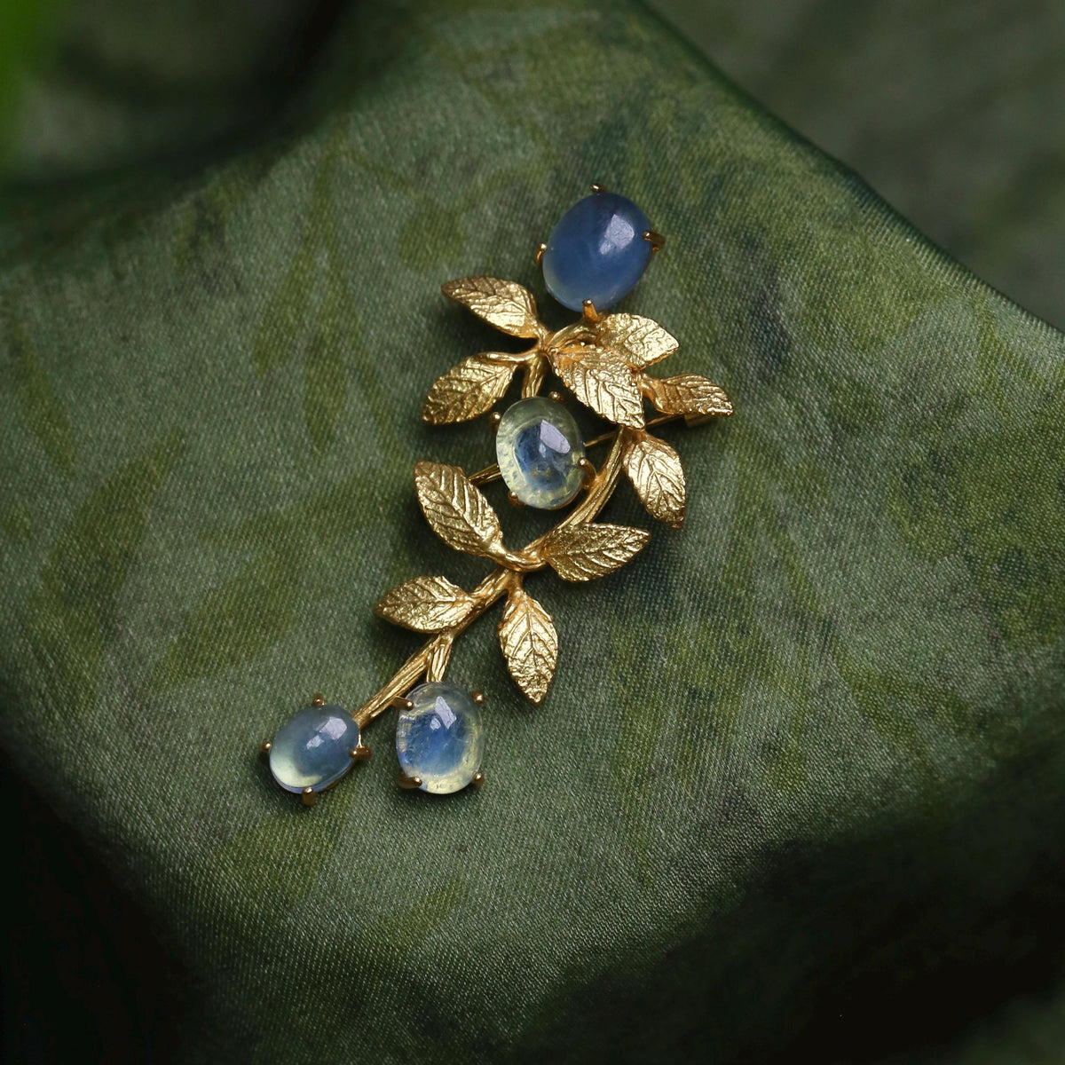 Morado Aquamarine Gold-Plated Botanical Silver Pin, Handmade Natural Gemstone Multi-wear pin
