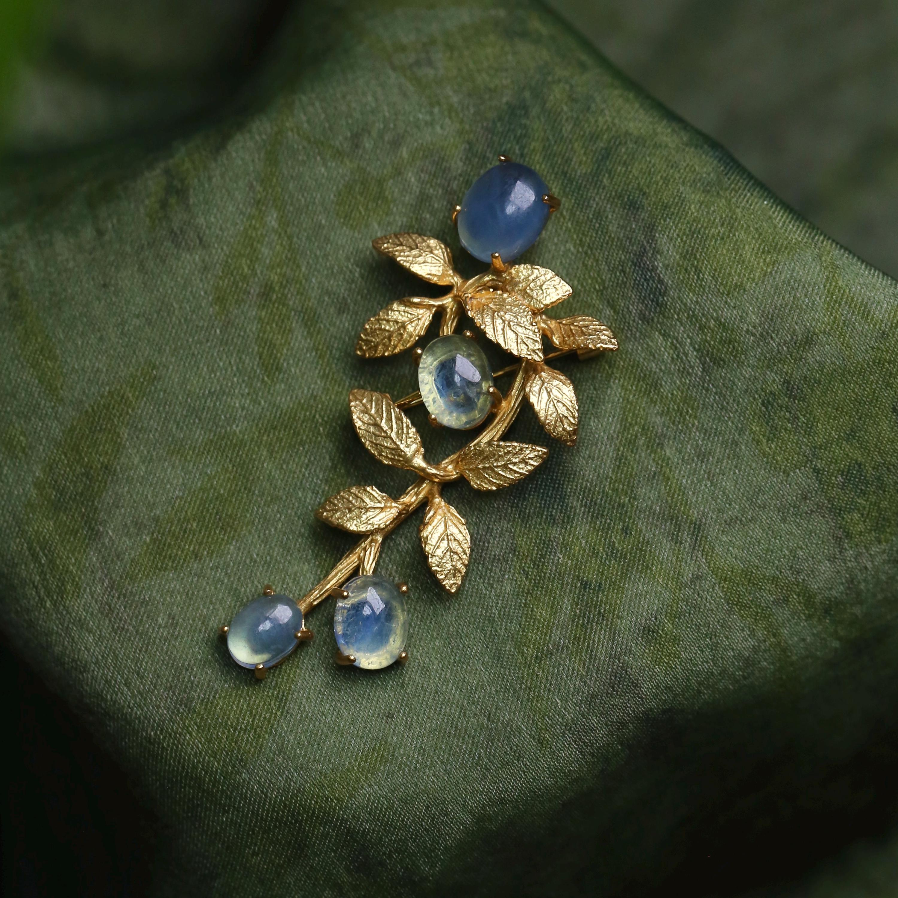 Morado Aquamarine Gold-Plated Botanical Silver Pin, Handmade Natural Gemstone Multi-wear pin