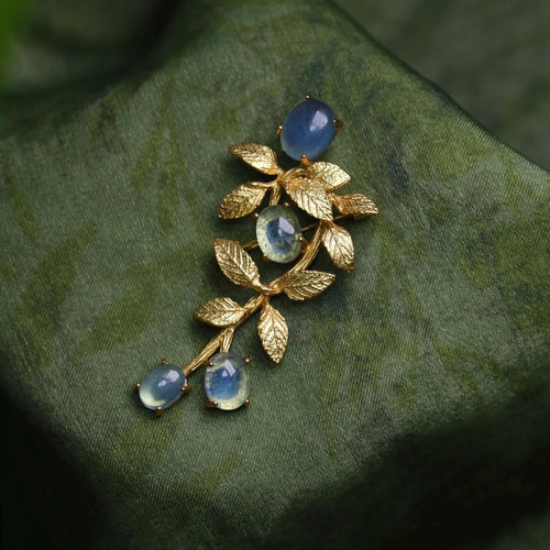 Morado Aquamarine Gold-Plated Botanical Silver Pin, Handmade Natural Gemstone Multi-wear pin