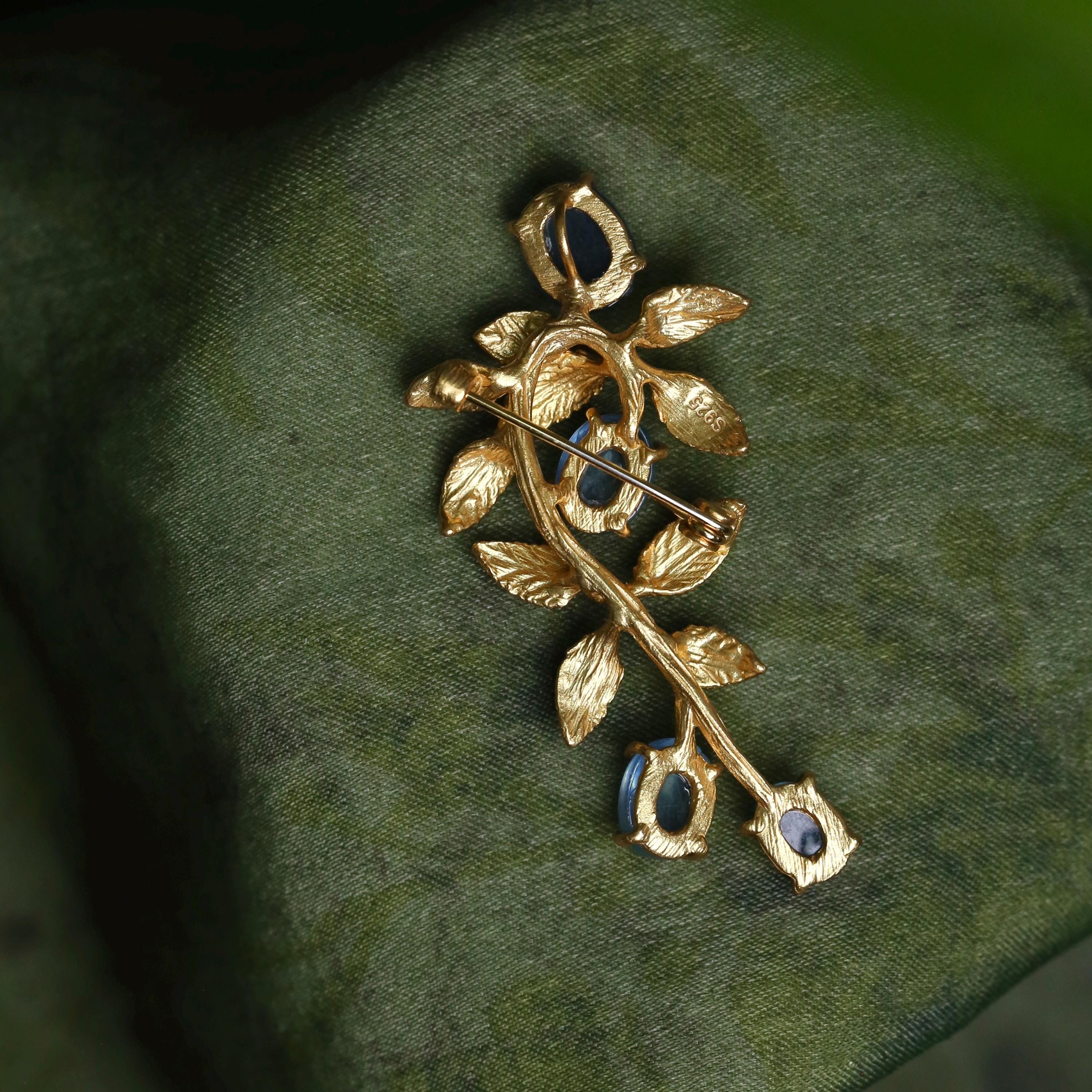 Morado Aquamarine Gold-Plated Botanical Silver Pin, Handmade Natural Gemstone Multi-wear pin