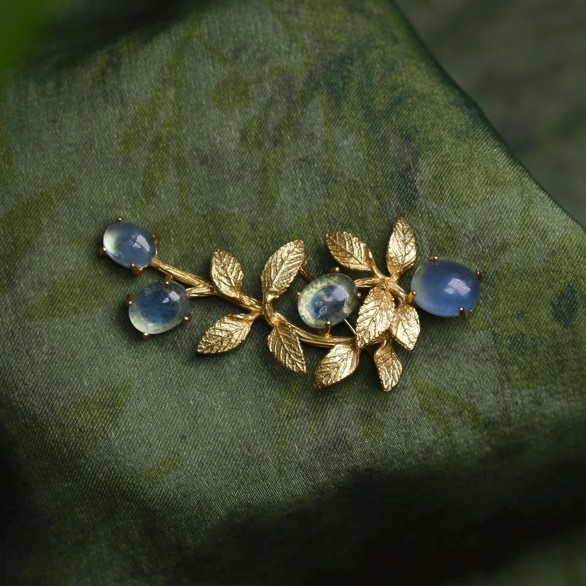 Morado Aquamarine Gold-Plated Botanical Silver Pin, Handmade Natural Gemstone Multi-wear pin