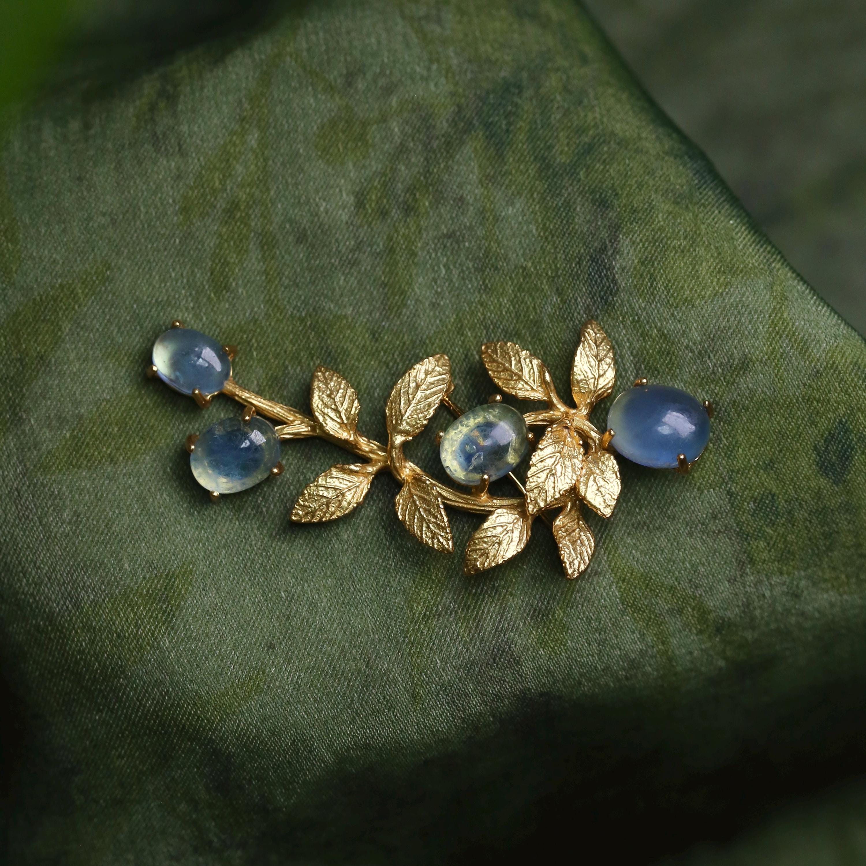 Morado Aquamarine Gold-Plated Botanical Silver Pin, Handmade Natural Gemstone Multi-wear pin