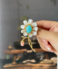 Morado Amber Mother of Pearl Flower Brooch, Gold Plated Silver, Multi-Wear Pin