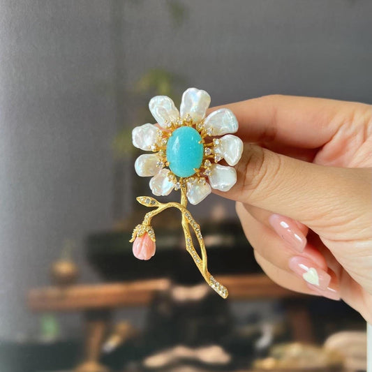 Morado Amber Mother of Pearl Flower Brooch, Gold Plated Silver, Multi-Wear Pin