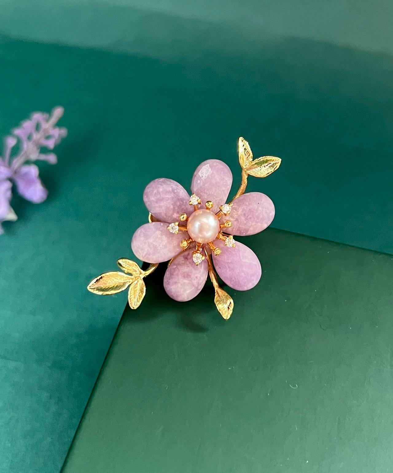 Morado Lavender Crystal Flower Copper Brooch, Freshwater Pearl Gold Plated Pin, Dainty Floral Brooch