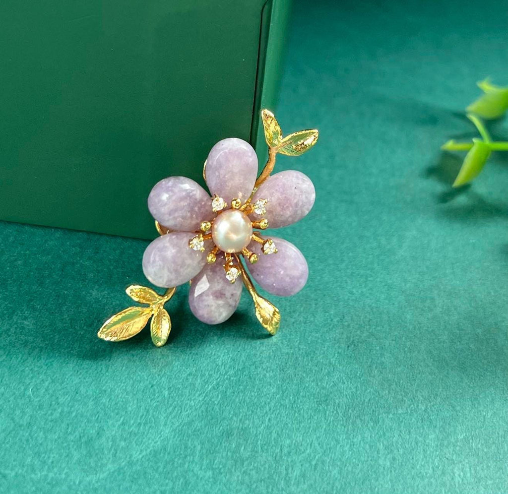 Morado Lavender Crystal Flower Copper Brooch, Freshwater Pearl Gold Plated Pin, Dainty Floral Brooch