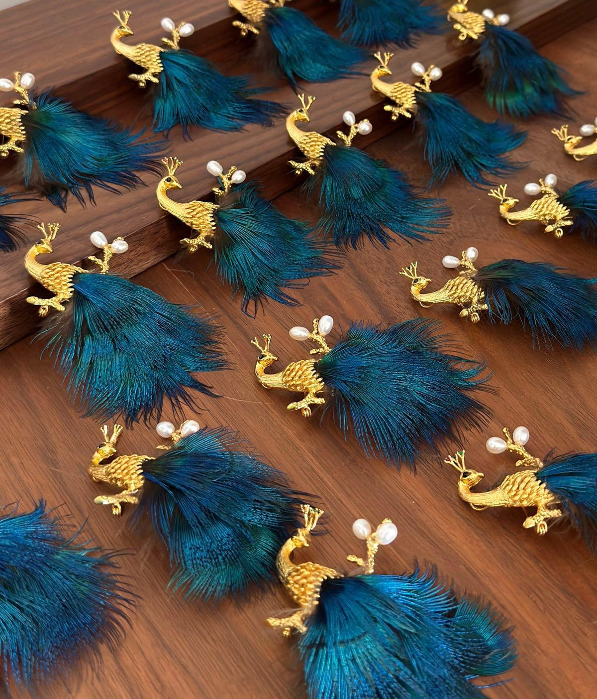 Morado Gold Plated Copper Peacock Feather Brooch, Blue Statement Bird Pin