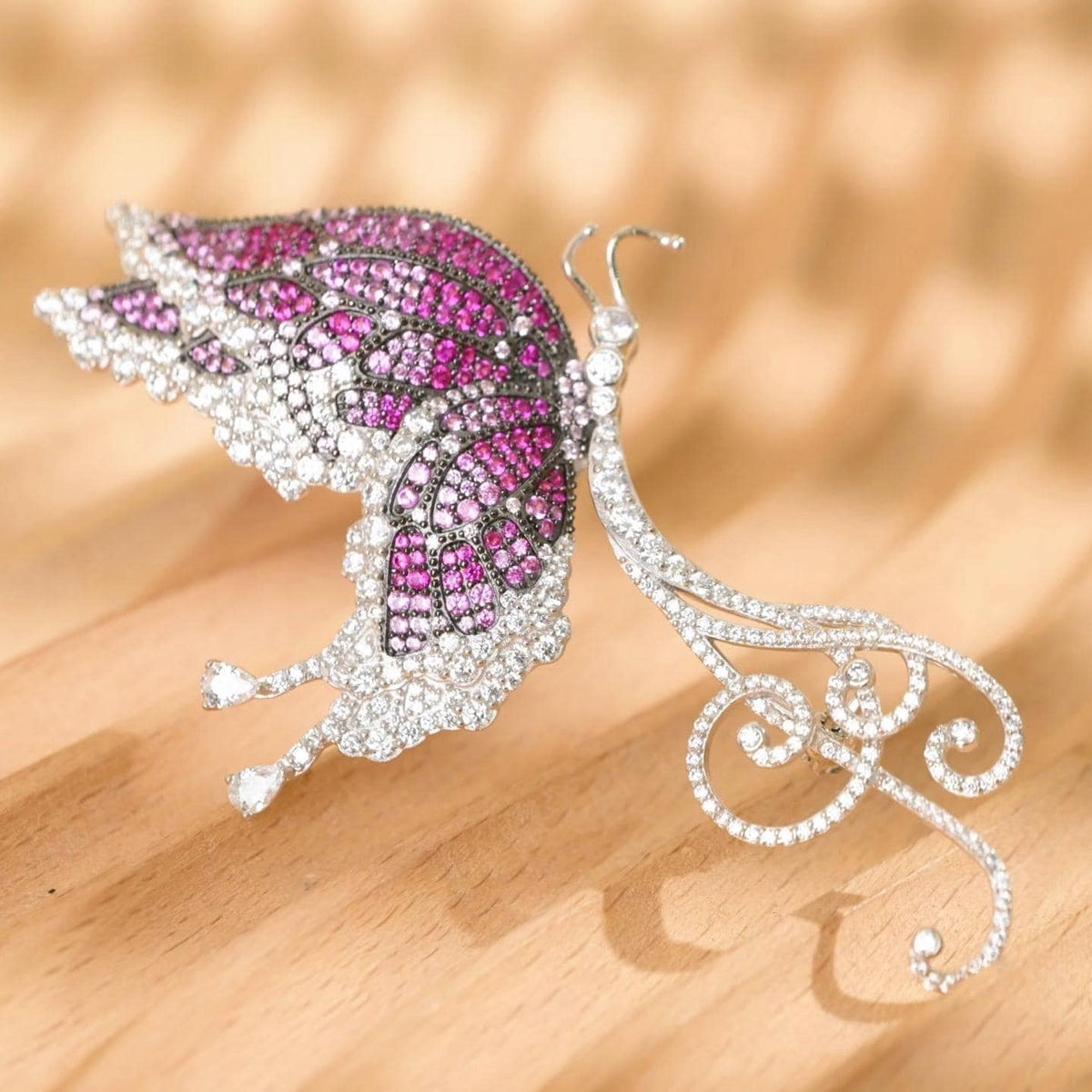 Morado Pink Zirconia Butterfly Brooch, 925 Sterling Silver Platinum Plated Luxury Statement Brooch