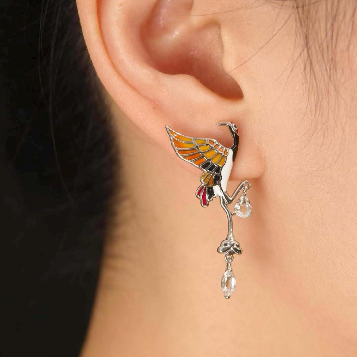 Morado Crane Enamel & Zirconia Drop Earrings, 925 Sterling Silver Platinum CZ Dangle Earrings