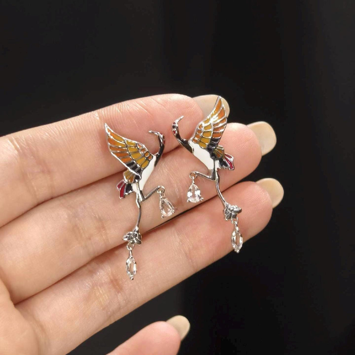 Morado Crane Enamel & Zirconia Drop Earrings, 925 Sterling Silver Platinum CZ Dangle Earrings