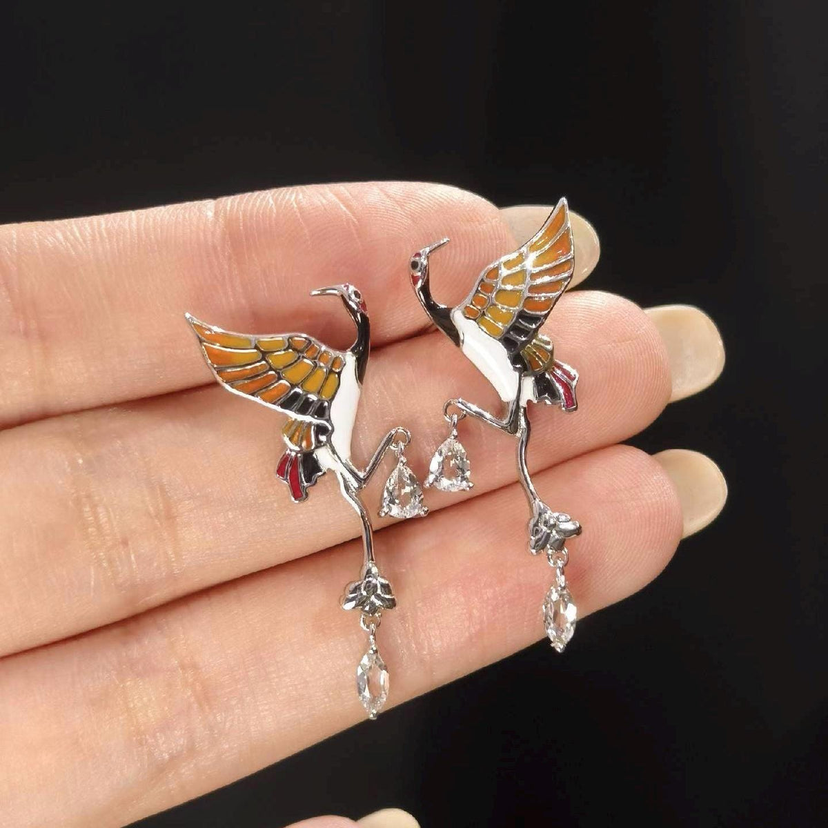 Morado Crane Enamel & Zirconia Drop Earrings, 925 Sterling Silver Platinum CZ Dangle Earrings