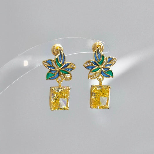 Morado Yellow Zirconia 925 Sterling Silver 18K Platinum Enamel Blue Green Flower Drop Earrings