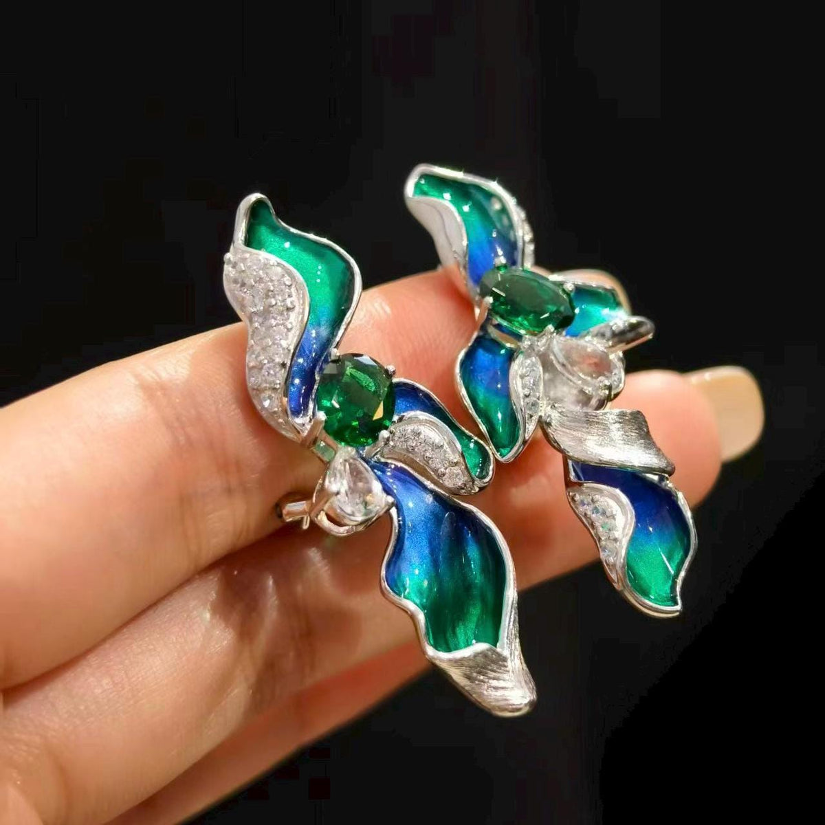Morado Blue Green Enamel Floral 925 Sterling Silver Earrings with Green Cubic Zirconia