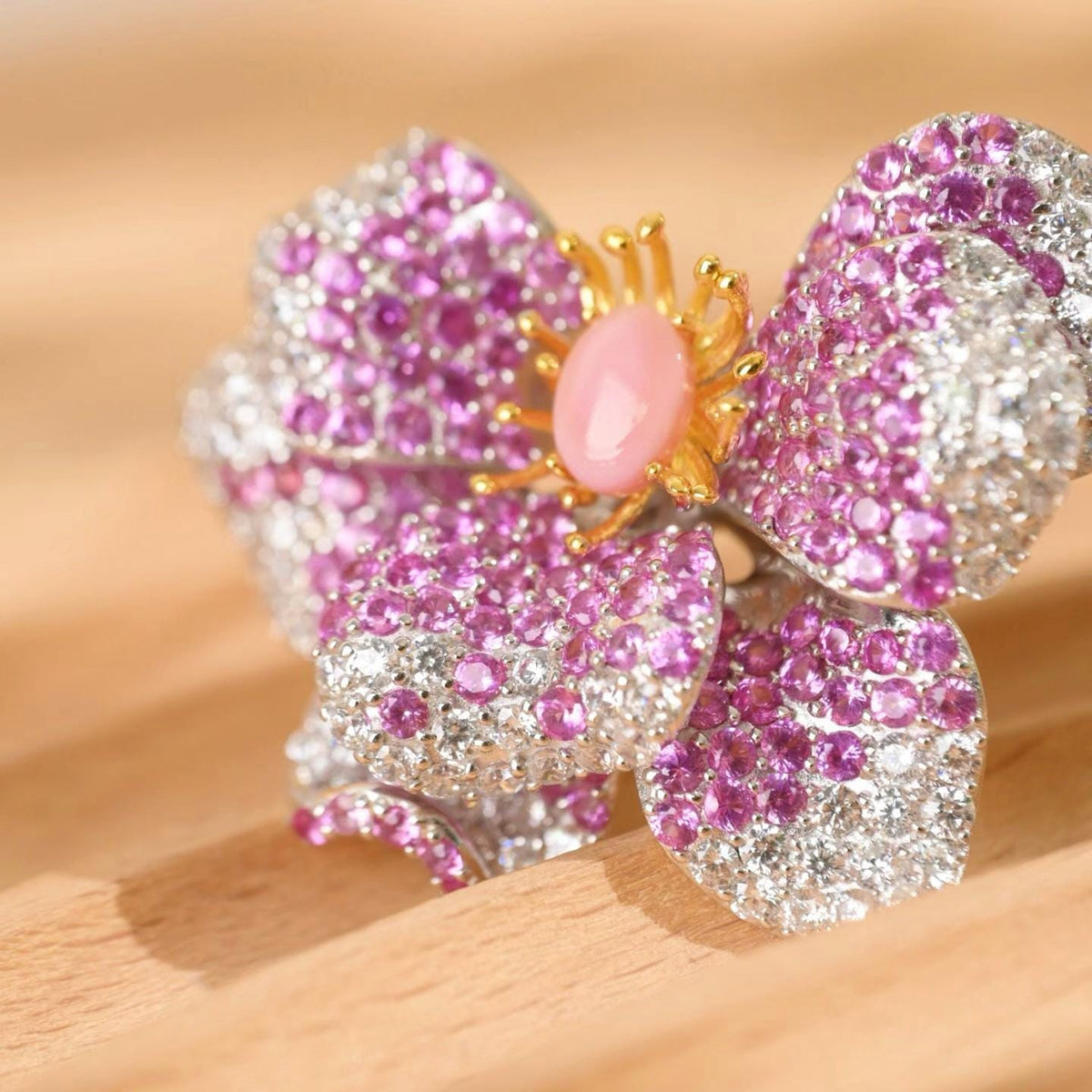 Morado Conch Stone Flower Brooch, Platinum Plated Silver Zirconia Floral Statement Pin