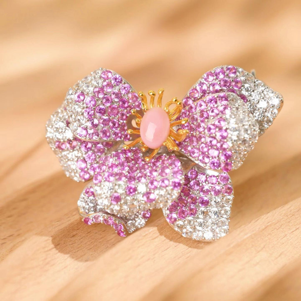 Morado Conch Stone Flower Brooch, Platinum Plated Silver Zirconia Floral Statement Pin