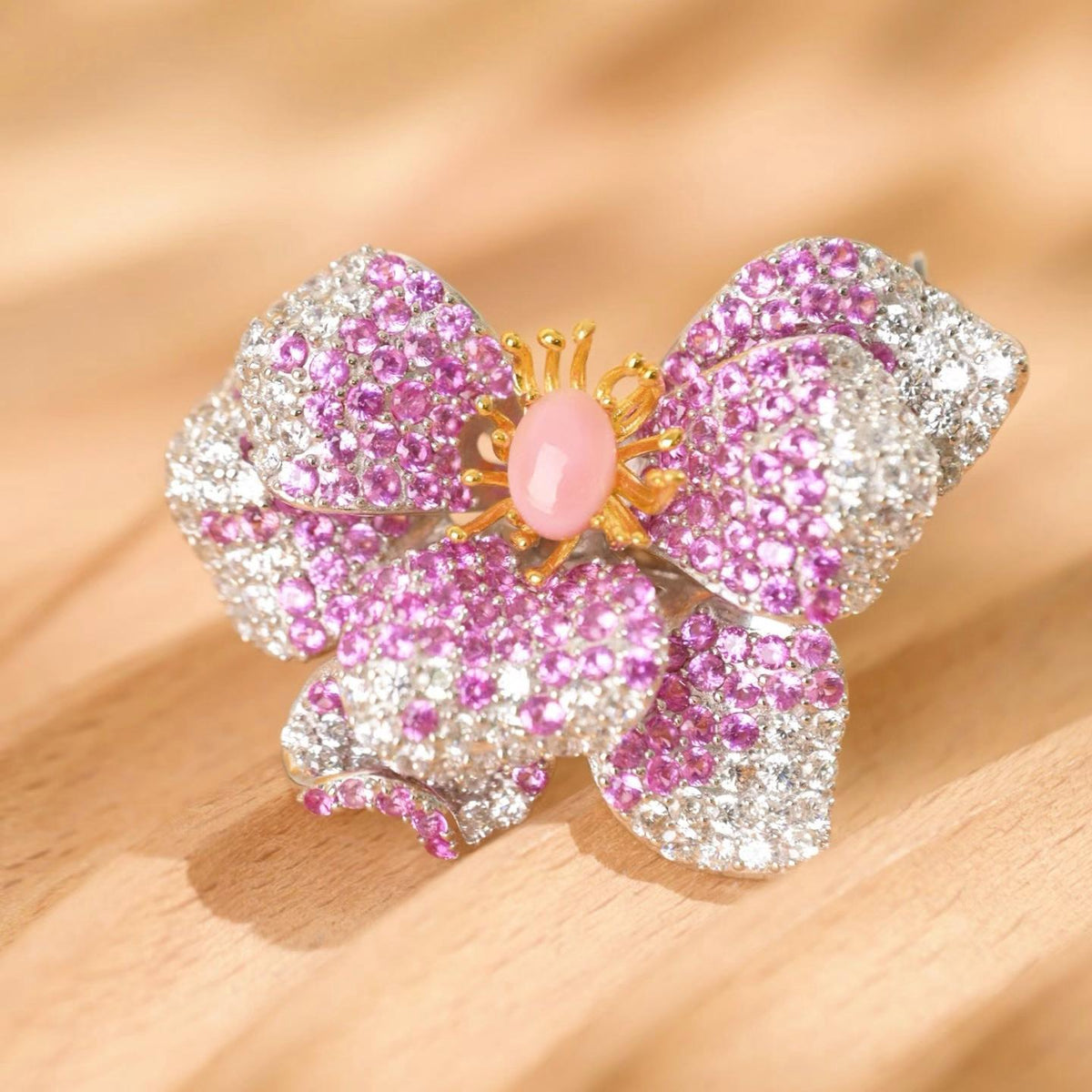 Morado Conch Stone Flower Brooch, Platinum Plated Silver Zirconia Floral Statement Pin