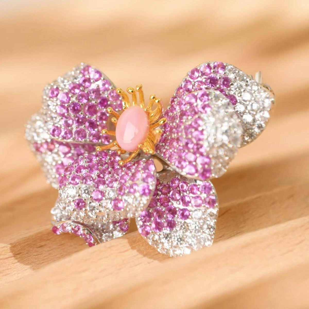 Morado Conch Stone Flower Brooch, Platinum Plated Silver Zirconia Floral Statement Pin