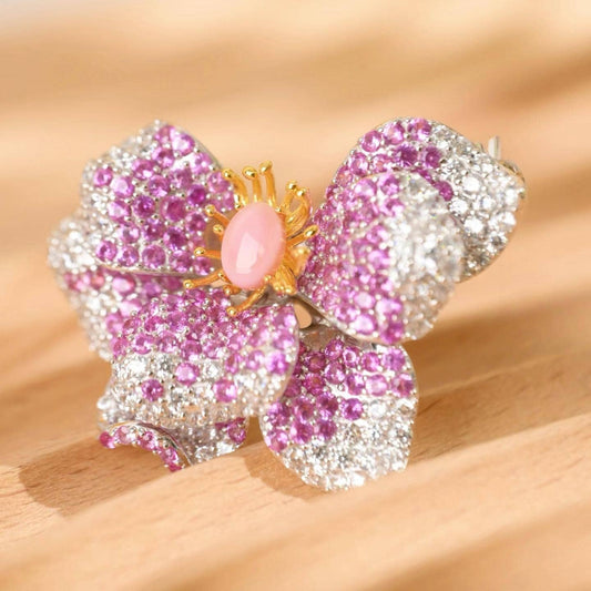 Morado Conch Stone Flower Brooch, Platinum Plated Silver Zirconia Floral Statement Pin